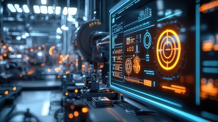 Obraz premium Industrial automation control systems modern factory digital display high-tech environment close-up view future concepts