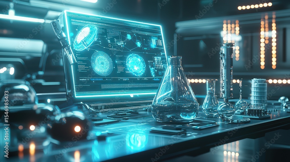 Poster exploring advanced scientific research futuristic laboratory digital environment high-tech equipment