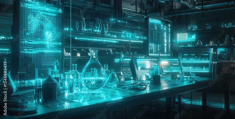 Aufkleber futuristic laboratory experimentation high-tech science facility digital environment cyberpunk aesth