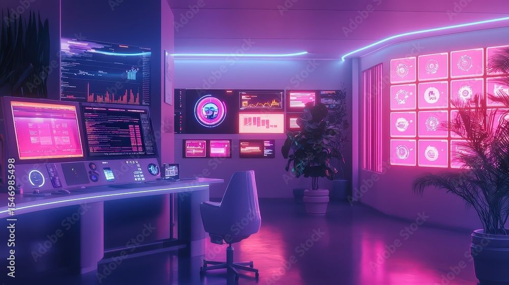 Poster high-tech control room futuristic office digital workspace neon environment aerial view innovation a