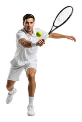 A professional male tennis player hitting a powerful forehand shot. An athlete in white sportswear in dynamic motion during a match, a concept of action and sport. Transparent PNG.
