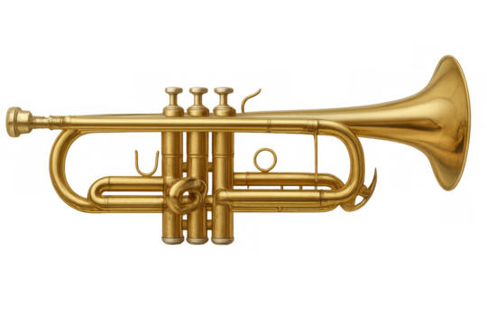 Horizontal close-up of a shiny brass trumpet isolated on a transparent background, perfect for music-themed projects