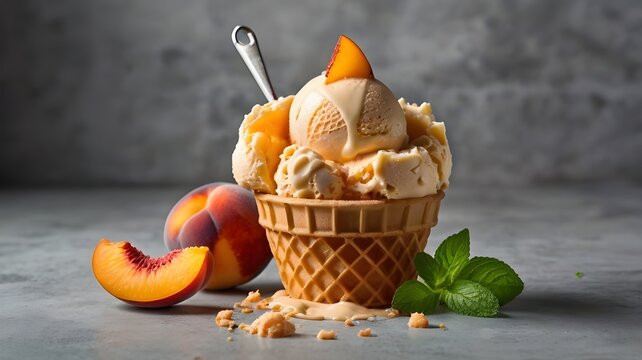 Creamy Peach Ice Cream in Waffle Cone with Fresh Peach Slices and Mint for National Peach Ice Cream Day