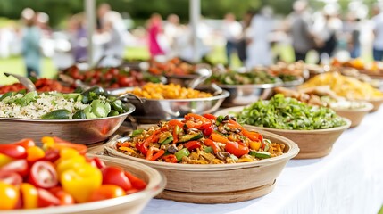 A Vibrant Vegetarian Buffet Spread at an Outdoor Event with Diverse Crowd