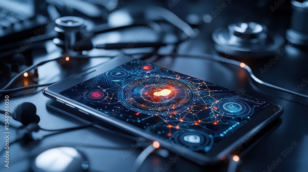 Aufkleber healthcare technology innovation medical office digital visualization dark environment close-up data