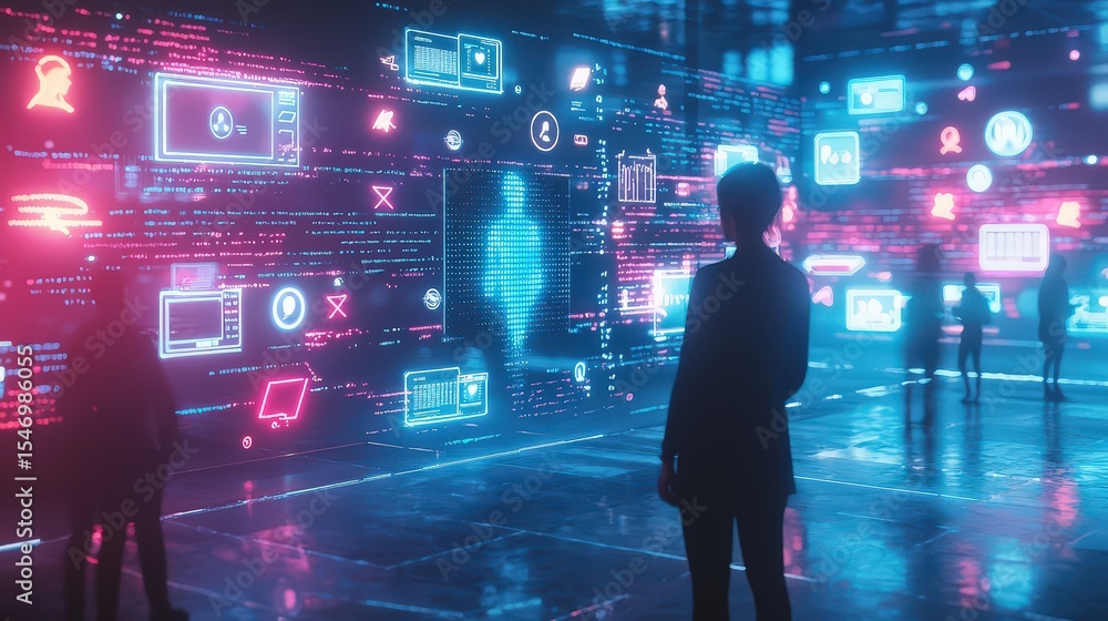 Poster exploring digital innovation in a futuristic tech hub global city multimedia environment contemporar