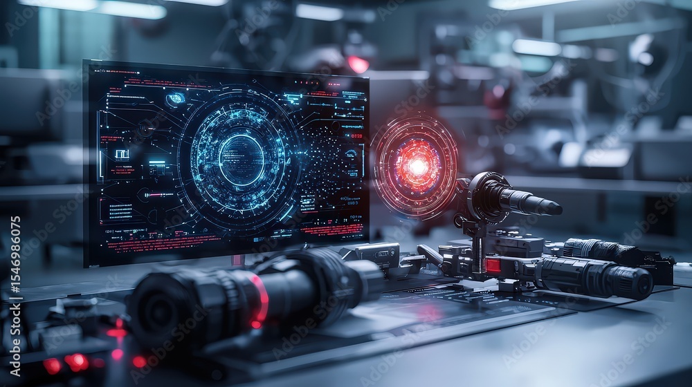 Aufkleber Futuristic technology setup showcasing advanced displays and tools in a high-tech lab environment