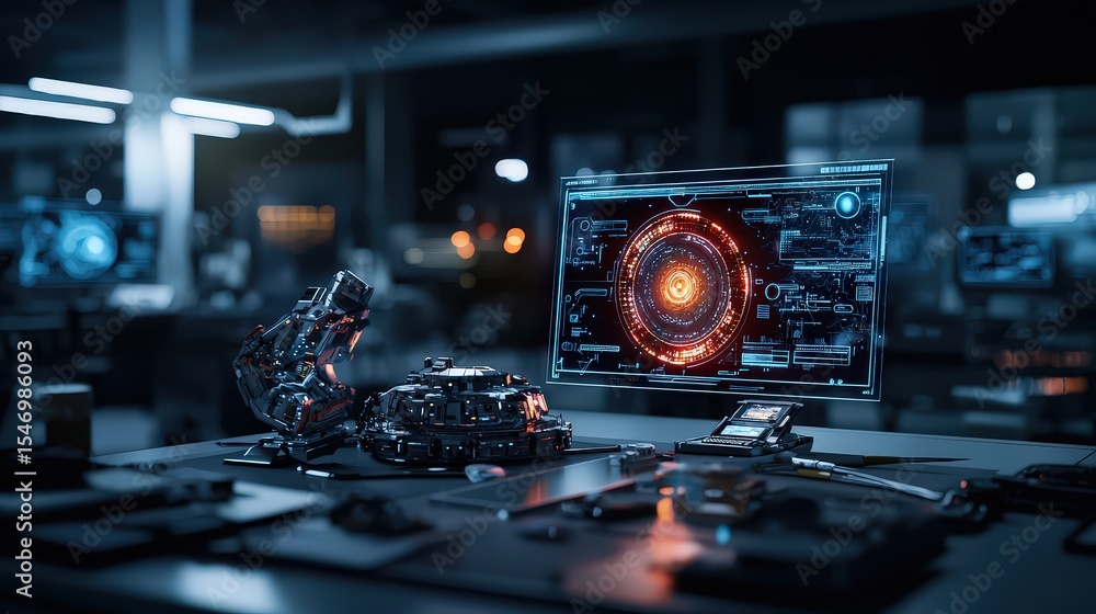 Fototapete Advanced technology displaying futuristic interface in a high-tech lab digital art sci-fi environment close-up view