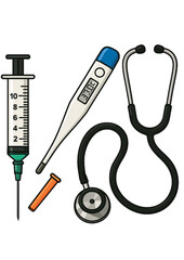 medical thermometer, syringe and stethoscope