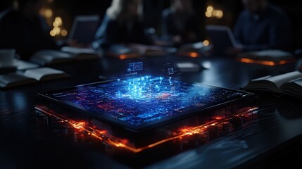 Digital strategy meeting modern office interactive technology corporate environment collaborative view future concepts