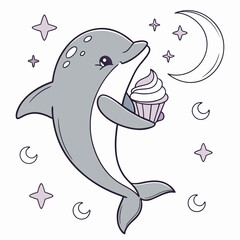 Naklejka premium Funny Dolphin with holding a cupcake, set in a charming Starlight Ball theme – Lunar Elegance color vector art