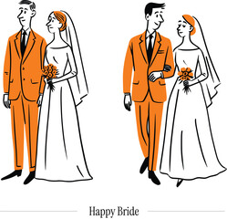 Illustration of a Happy Bride and Groom on Their Wedding Day