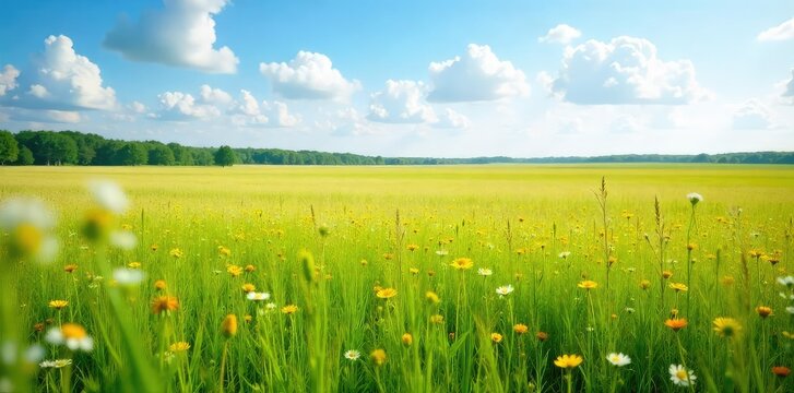 Vast expanse of tallgrass prairie swaying gently in the breeze, wildflowers dotting the landscape under a bright summer sky A tranquil scene of untouched nature , horizon, space