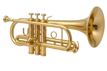 Close-up of a shiny brass trumpet, isolated on a transparent background, ready for musical performance
