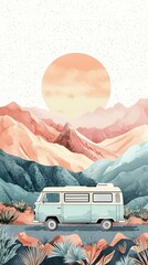 Watercolor, Adventure road trip van desert mountains digital art sunset landscape aerial view traveling concept