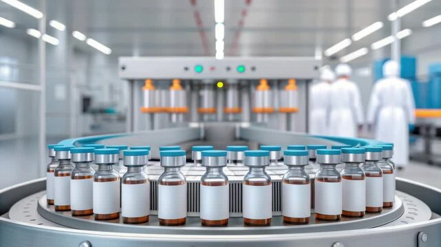 Vaccine production facility with glass vials conveyor belt sterile environment ensuring quality control and safety with advanced manufacturing process