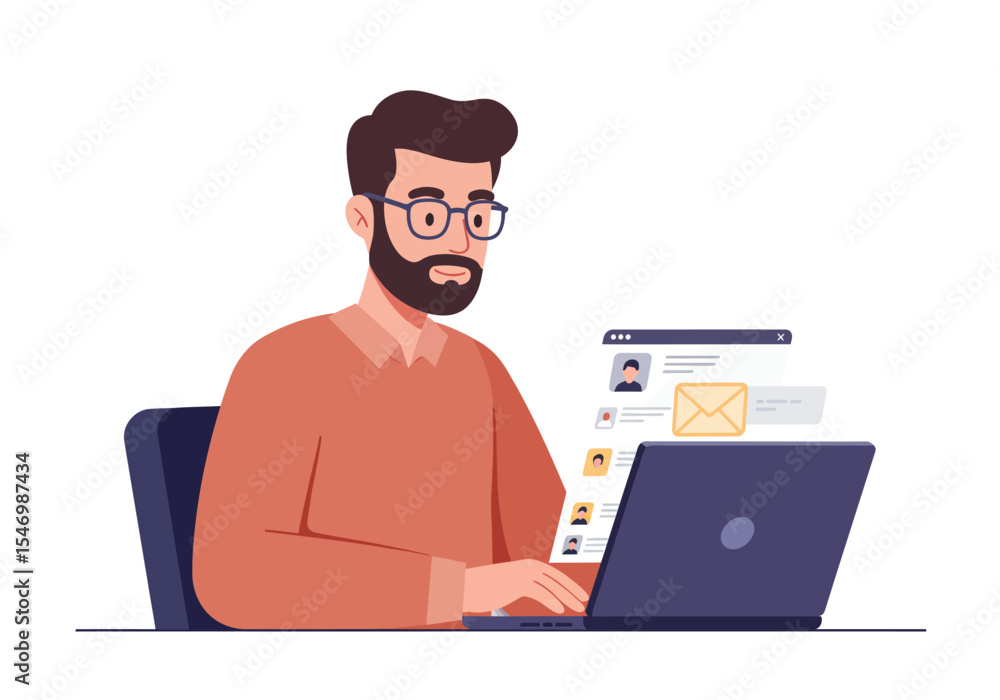 Poster a bearded man with glasses is using a laptop with icons and email graphics in the background