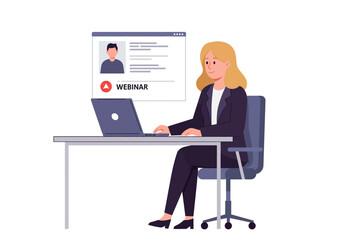 A blonde woman in a suit uses a laptop at a desk with a webinar window displayed behind her