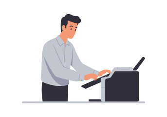 A man in a shirt using a darkcolored printer