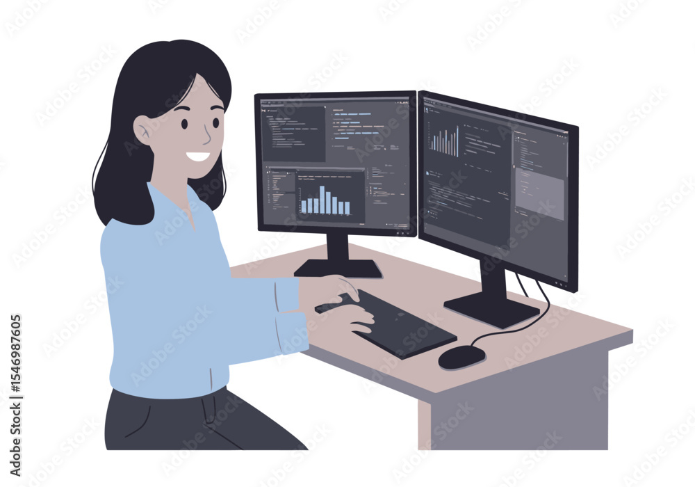 Poster a woman sits at a desk with two monitors using a keyboard and mouse