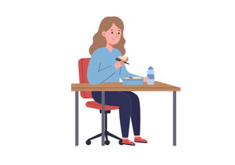 A woman sits at a desk eating a sandwich with chopsticks with a lunchbox and water bottle nearby