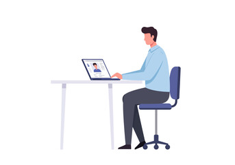 An illustration of a man seated at a desk using a laptop for a video call set against a plain white backdrop