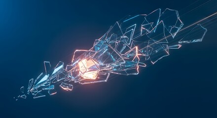 Abstract representation of shattered glass with glowing cube