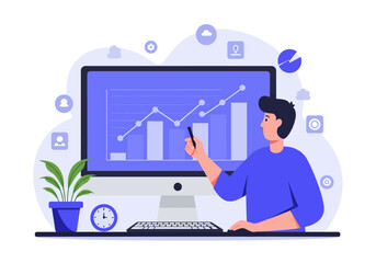 Man points at a computer screen with bar  line chart keyboard potted plant clock on desk