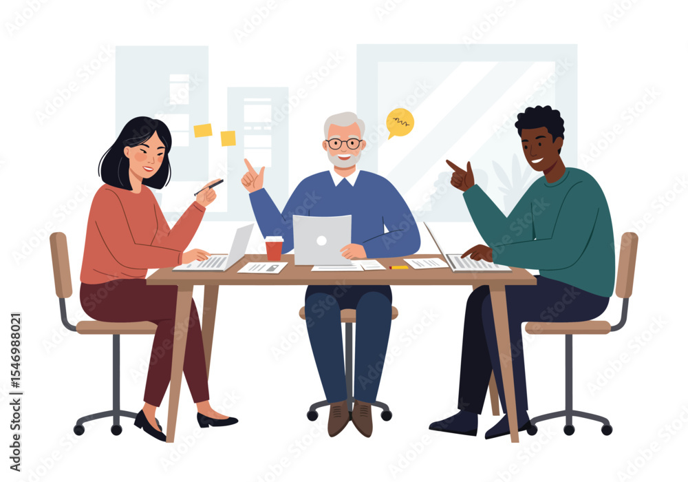 Poster three office workers point up while at a desk working on laptops in front of large windows