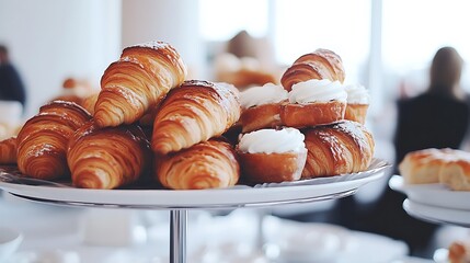 Delicious and Freshly Baked Croissants and Pastries on a Tiered Serving Stand