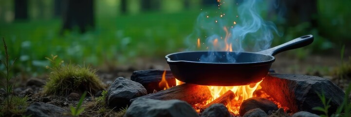 A crackling campfire with a cast iron skillet cooking over the flames, surrounded by lush green nature Perfect for camping, outdoor cooking, and wilderness imagery , pan, flames, adventure