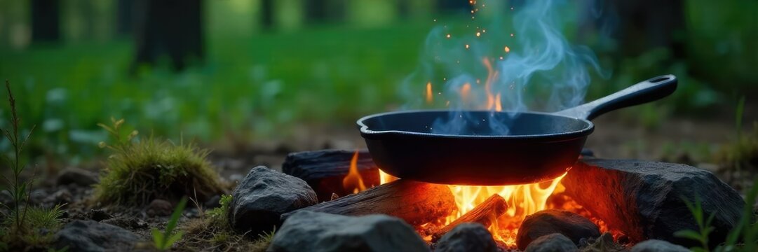A crackling campfire with a cast iron skillet cooking over the flames, surrounded by lush green nature Perfect for camping, outdoor cooking, and wilderness imagery , pan, flames, adventure - Powered by Adobe