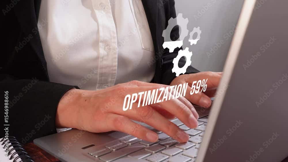 Poster a businesswoman works on a laptop keyboard with an animated icon of three gears and a loading screen