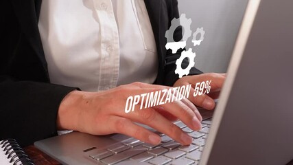 A businesswoman works on a laptop keyboard with an animated icon of three gears and a loading screen: progress from 0 to 100%. Efficiency concept. - Powered by Adobe