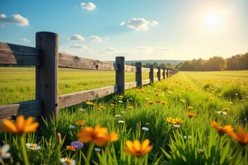 Fototapeta premium A rustic wooden fence stretches across a sun-drenched field, wildflowers blooming in the foreground, a peaceful country landscape evoking a sense of tranquility and simple living , sky, rural