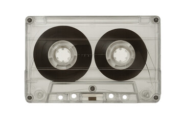 Transparent audio cassette tape isolated on transparent background, capturing the essence of vintage music technology
