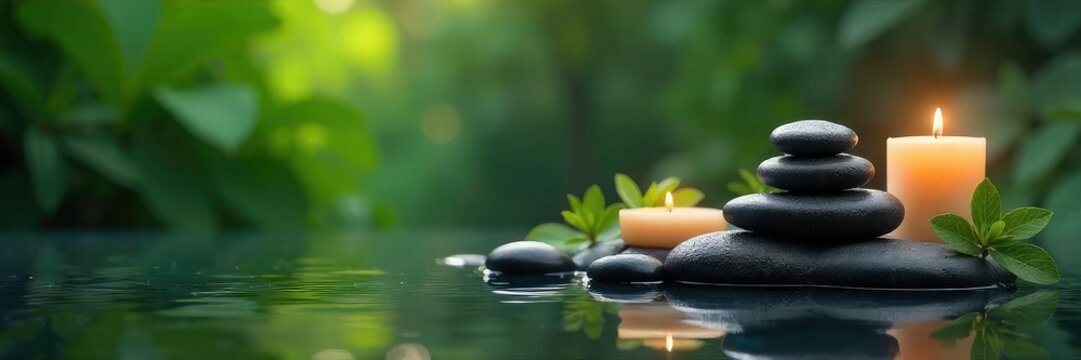 Serene spa scene featuring smooth stones, calming candles, and lush greenery, promoting tranquility and well-being Perfect for relaxation, wellness, and healing imagery , medicine, greenery, massage