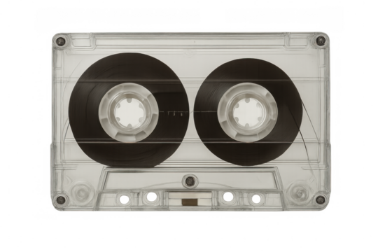 Transparent audio cassette tape isolated on transparent background, capturing the essence of vintage music technology