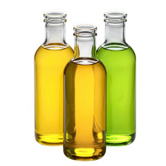 Three bottles with colorful liquids isolated on transparent background