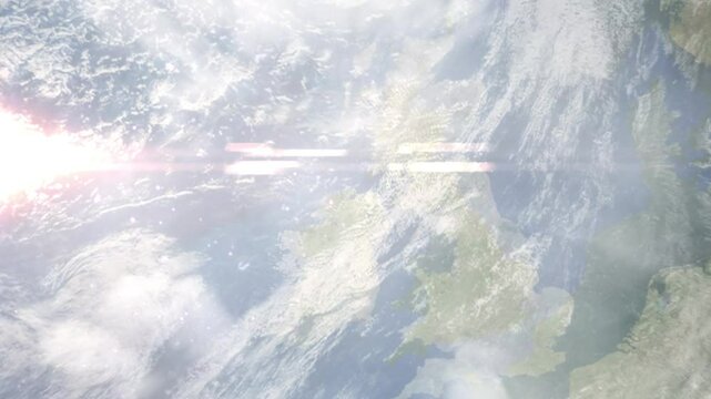 Earth zoom in from space and focus on Limavady, Northern Ireland, Londonderry, Great Britain. Background for travel intro or blog. Satellite view. 3D style Animation. Images from NASA.