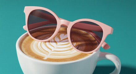 Latte and Pastel Pink Sunglasses on Teal Background