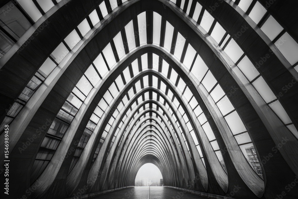 Aufkleber monochromatic perspective of a modern architectural structure featuring repeating arched elements cr