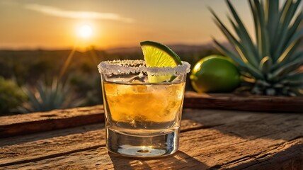 Crystal-Clear Tequila Shot with Lime and Salt Rim on Rustic Bar at Sunset with Agave for National Tequila Day