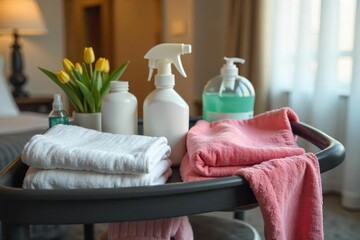 A neatly made hotel maid service cart, fully stocked and ready for room service Fresh linens, toiletries, and cleaning supplies are neatly organized and presented , industry, hygiene