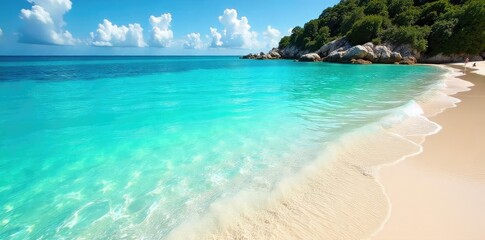 Fototapeta premium Crystal clear turquoise water laps gently against a sandy shore, sun-drenched and idyllic, perfect for swimming, kayaking, or simply relaxing , ocean, water