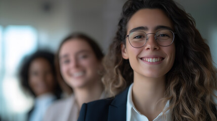 Obraz premium Confident young professional woman in business attire smiling with diverse corporate team in background, teamwork and leadership concept in modern office environment.