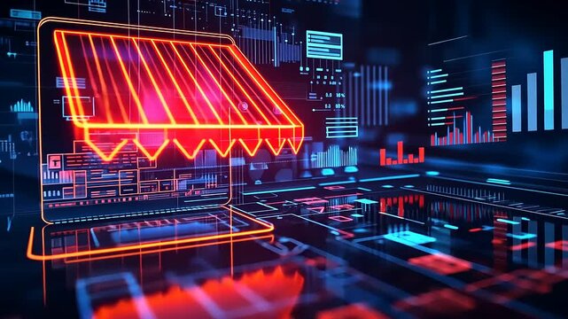 Neon digital storefront with data streams and graphs, representing online shopping trends and technology