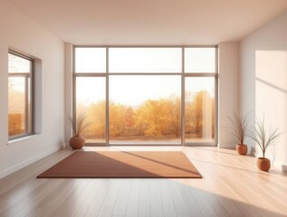 Fototapeta premium Spacious modern empty room with large windows and city view