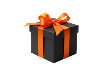 Black gift box with orange ribbon isolated on transparent background
