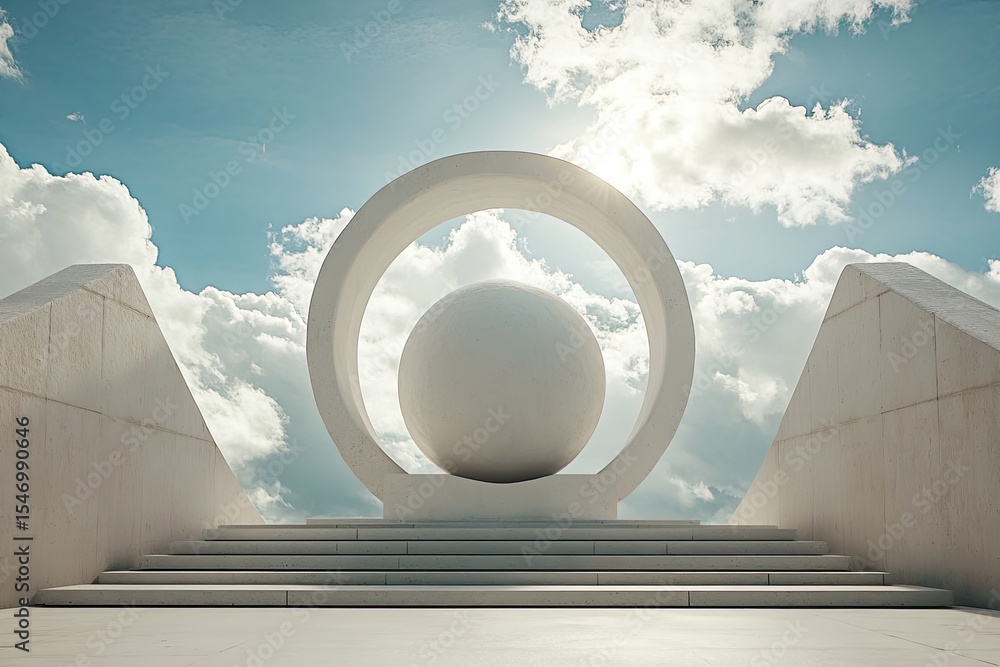 Poster minimalist architectural rendering featuring a large sphere within a circular frame, positioned on a